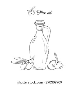 hand drawn bottle of olive oil with some olives, black and white vector image