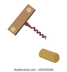 Hand drawn bottle opener corkscrew on white background. Wine cork screw, bottle opener equipment. Design element isolated on white background. Vector illustration.
