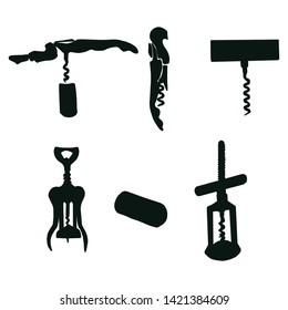 Hand drawn bottle openers set, black silhouette on white background. Wine cork screw, bottle opener equipment. Design element isolated on white background. Vector illustration.