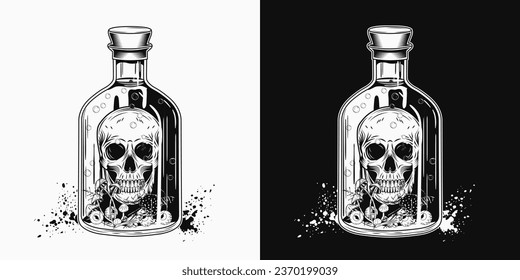 Hand drawn bottle of poison with human skull, eyeballs, mushrooms inside. Halloween black and white creepy illustration in vintage style.