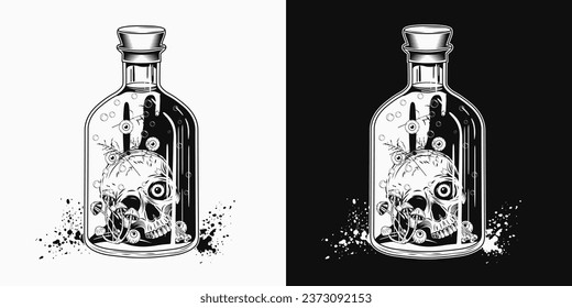 Botella de poción dibujada a mano con la mitad del cráneo humano, ojos, setas dentro. Ilustración espeluznante de Halloween en estilo vintage sobre fondo blanco y negro. No IA