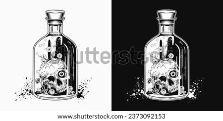 Hand drawn bottle of potion with half of human skull, eyeballs, mushrooms inside. Halloween creepy illustration in vintage style on white, black background. Not AI