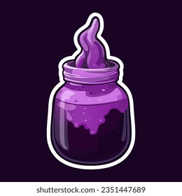 Hand drawn bottle of purple Witch Potion. Violet Poison in glass jar with white outline for sticker collection. Witchcraft. Trendy hand drawn style. Halloween party decoration. Spooky night.