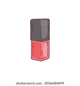 Hand drawn bottle of red nail enamel, sketch vector illustration isolated on white background. Cartoon icon of nail polish or lacquer for beauty salon or nail art studio.