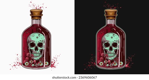 Hand drawn bottle of red poison with human skull, eyeballs, mushrooms inside. Halloween creepy illustration in vintage style.