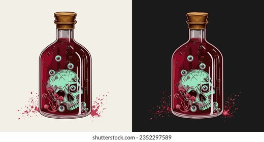 Hand drawn bottle of red potion with half of human skull, eyeballs, mushrooms inside. Halloween creepy illustration in vintage style on white, black background.