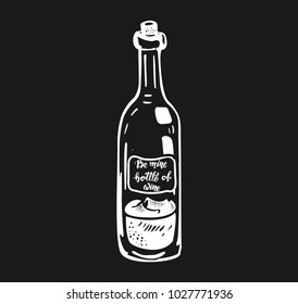 Hand drawn bottle and of red wine. Creative ink art work. Doodle style alcohol illustration with lettering.
