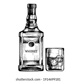 Hand drawn bottle of scotch whiskey with a glass. Vector beverage illustration, ink sketch