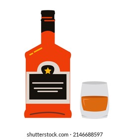 Hand drawn bottle of scotch whiskey with a glass. Hand drawing whiskey set used for advertising beverage in restaurant or pub menu, for logo design. Vector beverage illustration in flat style
