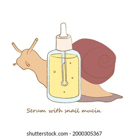 Frasco de suero con mucina de caracol y caracol en el fondo, ilustración vectorial aislada en fondo blanco