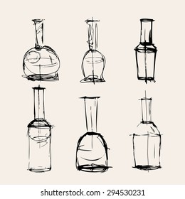 hand drawn  bottle , sketch, glass bottles set. vector on white background