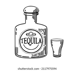 Hand drawn bottle of tequila with a glass. Glass Bottle with strong drink. Vintage Mexican tequila badge. Hand Drawn engraved sketch for t-shirt. Vector illustration, ink sketch. 