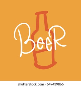 Hand drawn bottle vector illustration with Beer calligraphy. Modern lettering. Festive vector background for decorative design. Easy for stickers, wrapping, prints and many more.