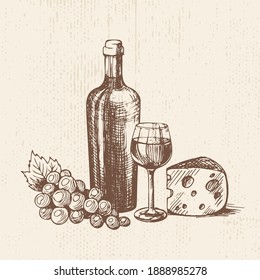 Hand drawn bottle wine and glass  bunch grapes   piece cheese  Vector sketch  organic food illustration