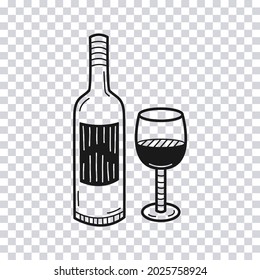 Hand drawn Bottle of Wine and a Glass isolated on transparent background. Vector illustration.