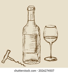 Hand drawn bottle of wine with a glass and corkscrew. Vector sketch, organic food illustration.