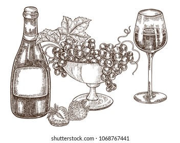 Hand drawn bottle of wine with grapes and wineglass. Vector illustration vintage. Alcohol drink set in sketch style. All is layered.