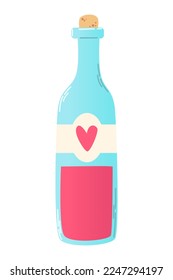 Hand drawn bottle of wine with heart on the label in flat style.