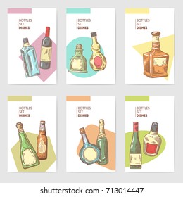 Hand Drawn Bottles Alcoholic Menu Design. Wine, Cognac Bottle Sketch. Vector illustration