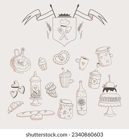 Hand drawn bottles, bakery and cups vector doodle set on beige background