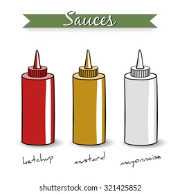 Hand drawn bottles with different sauces on the white background. Vector illustration