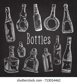 Hand Drawn Bottles Doodle. Wine, Cognac Bottle Blackboard Sketch. Vector illustration
