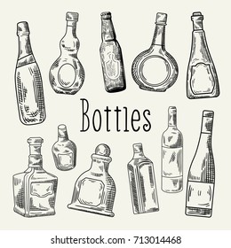 Hand Drawn Bottles Doodle. Wine, Cognac Bottle Sketch. Vector illustration