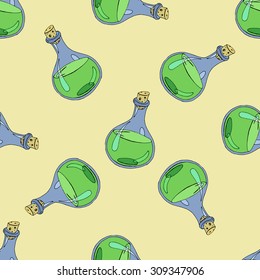 Hand drawn bottles with green magic elixir. Vector seamless pattern.