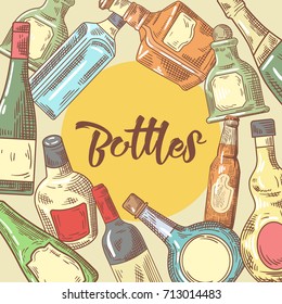 Hand Drawn Bottles Menu Design. Wine, Cognac Bottle Sketch. Vector illustration
