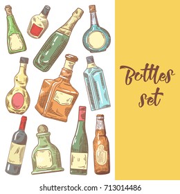 Hand Drawn Bottles Menu Design. Wine, Cognac Bottle Sketch. Vector illustration