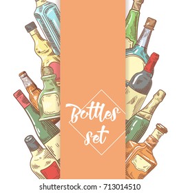 Hand Drawn Bottles Menu Design. Wine, Cognac Bottle Sketch. Vector illustration