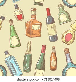 Hand Drawn Bottles Seamless Pattern. Wine, Cognac Bottle Background. Vector illustration