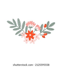 Hand drawn bouquet of flowers, berries and leaves. Vector floral element, bunch of red and pink flowers