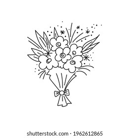 Hand Drawn Bouquet With Flowers, Decorated With Dots, Twigs, Bow. Doodle Drawing Style, Minimalism, Scetch. Isolated. Holiday Vector Illustration