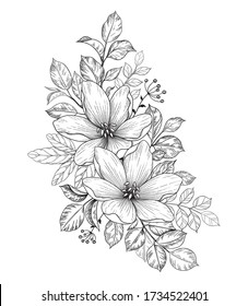 Hand drawn bouquet with flowers and different leaves isolated on white. Vector monochrome elegant floral composition in vintage style, t-shirt, tattoo design, coloring page, wedding decoration.