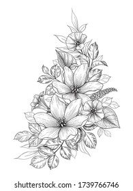 Hand drawn bouquet with flowers and different leaves isolated on white. Vector monochrome elegant floral composition in vintage style, t-shirt, tattoo design, coloring page, wedding decoration.