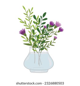Hand drawn bouquet of flowers in a glass vase on a white background.