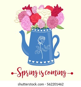 Hand drawn bouquet of flowers in jug on white background. Flowers in jar. Vector greeting card. Spring is coming. Vector illustration