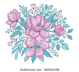 Hand drawn bouquet with flowers and leaves. Pink, mint color and violet vector floral illustration. Botanical ink pen drawing for modern decor, cards, logo, tattoo.