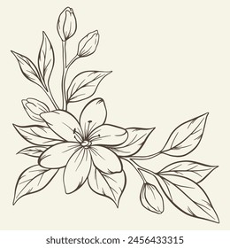 Ramo dibujado a mano con flores y hojas. Vector lineal monocromo elegante arreglo floral en estilo vintage, diseño de tatuajes, libro para colorear, decoración de bodas.