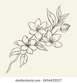 Hand drawn bouquet with flowers and leaves. Vector linear monochrome elegant floral arrangement in vintage style, tattoo design, coloring book, wedding decoration.