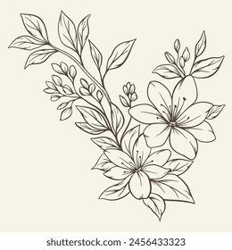 Ramo dibujado a mano con flores y hojas. Vector lineal monocromo elegante arreglo floral en estilo vintage, diseño de tatuajes, libro para colorear, decoración de bodas.