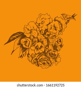 Hand Drawn Bouquet of Flowers on Orange Background Vector Illustration. Bunch of Showy Blossom Concept