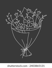 Hand drawn bouquet with flowers, outline vector drawing of flowers. Page of floral pattern in black and white. Vector illustration