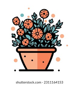 Hand Drawn bouquet of flowers in a pot in doodle style isolated on background