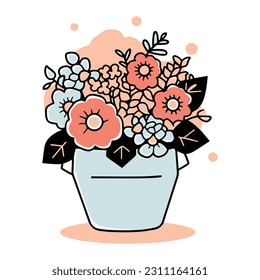 Hand Drawn bouquet of flowers in a pot in doodle style isolated on background