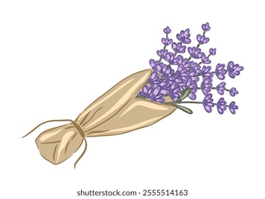 Hand drawn bouquet of lavender wrapped in brown paper with twine, showcasing floral beauty vector illustration