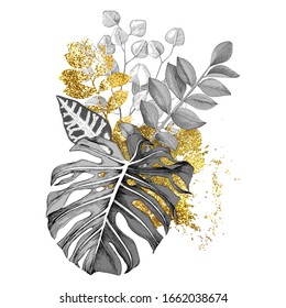 Hand drawn bouquet with monochrome and golden tropical leaves. Sketched vector illustration