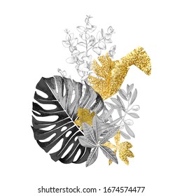 Hand drawn bouquet with monochrome and golden tropical leaves. Sketched vector illustration