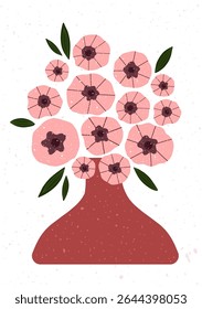 Hand drawn bouquet of pink flowers in a red vase with scattered leaves.